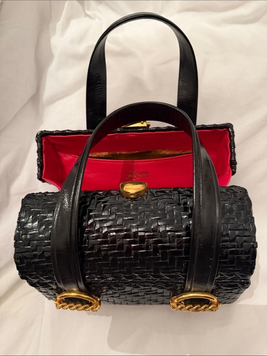 Handbags - Vintage Black Woven Barrel Handbag with Red Interior